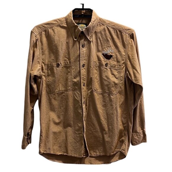 Cabelas Mens Medium Regular Tan Button-Up Shirt With Embroidered Elk Pocket - Picture 1 of 8